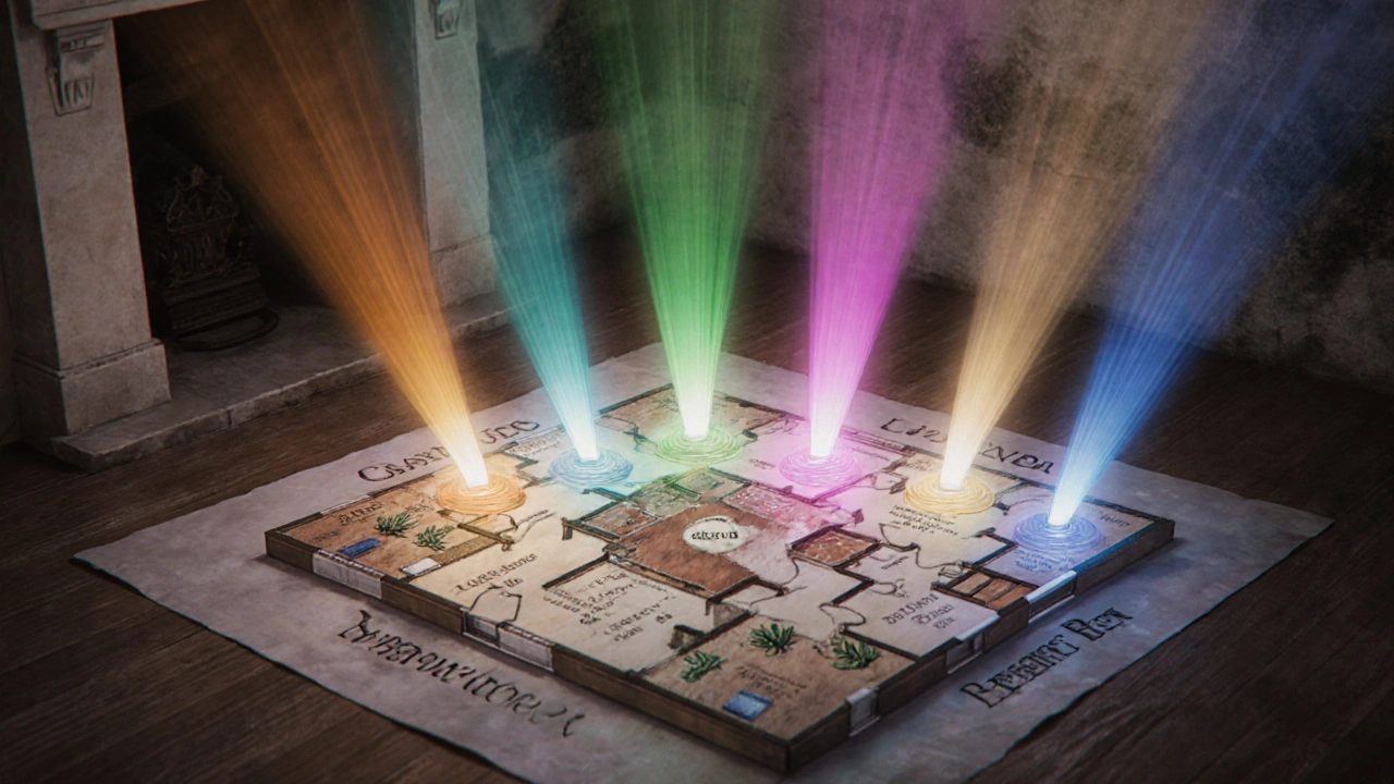 Une carte énergétique du feng shui avec des flux de couleur représentant différents encens naturels.