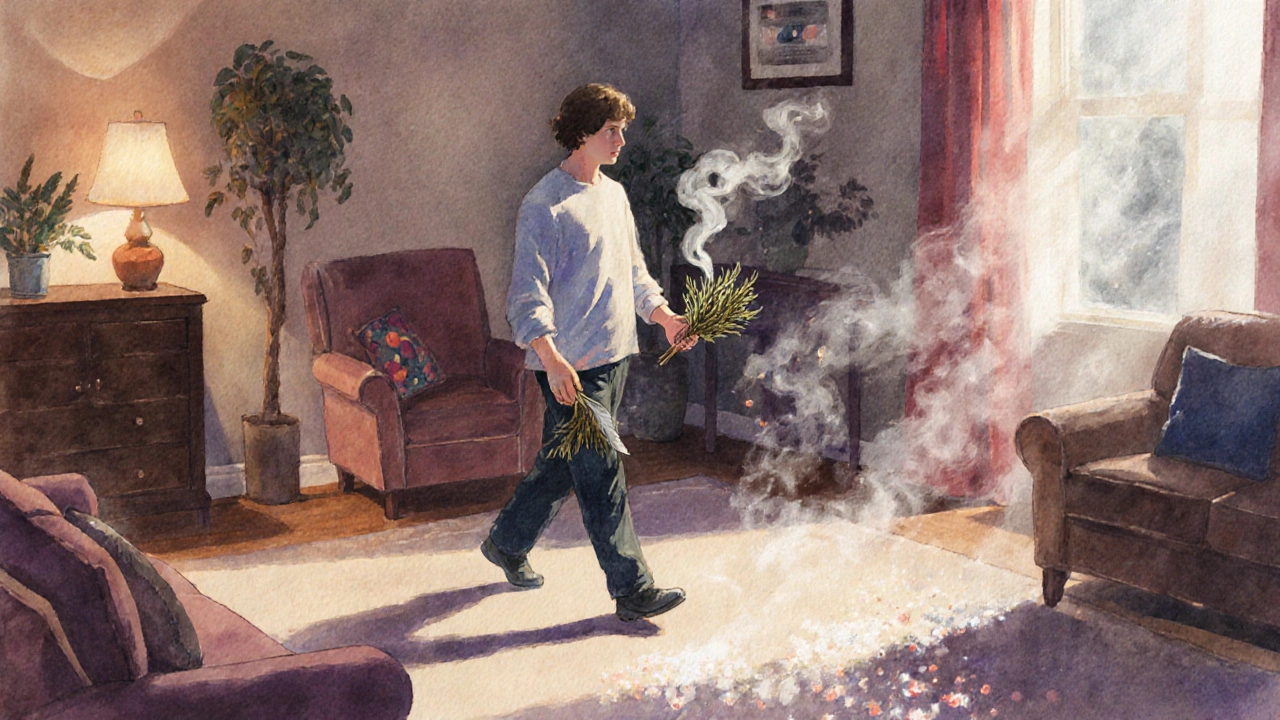 Une personne marche lentement dans une pièce en guidant la fumée d&#039;herbes sacrées avec une plume.