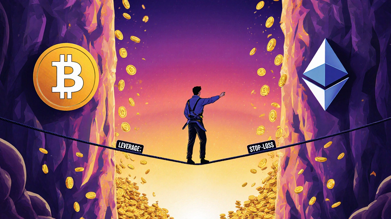 Une personne sur une corde raide entre deux cryptomonnaies, avec des pièces qui tombent derrière elle.