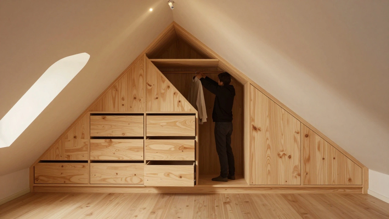 Armoire sur mesure adaptée à la pente du toit, avec tiroirs triangulaires et finitions en bois clair.