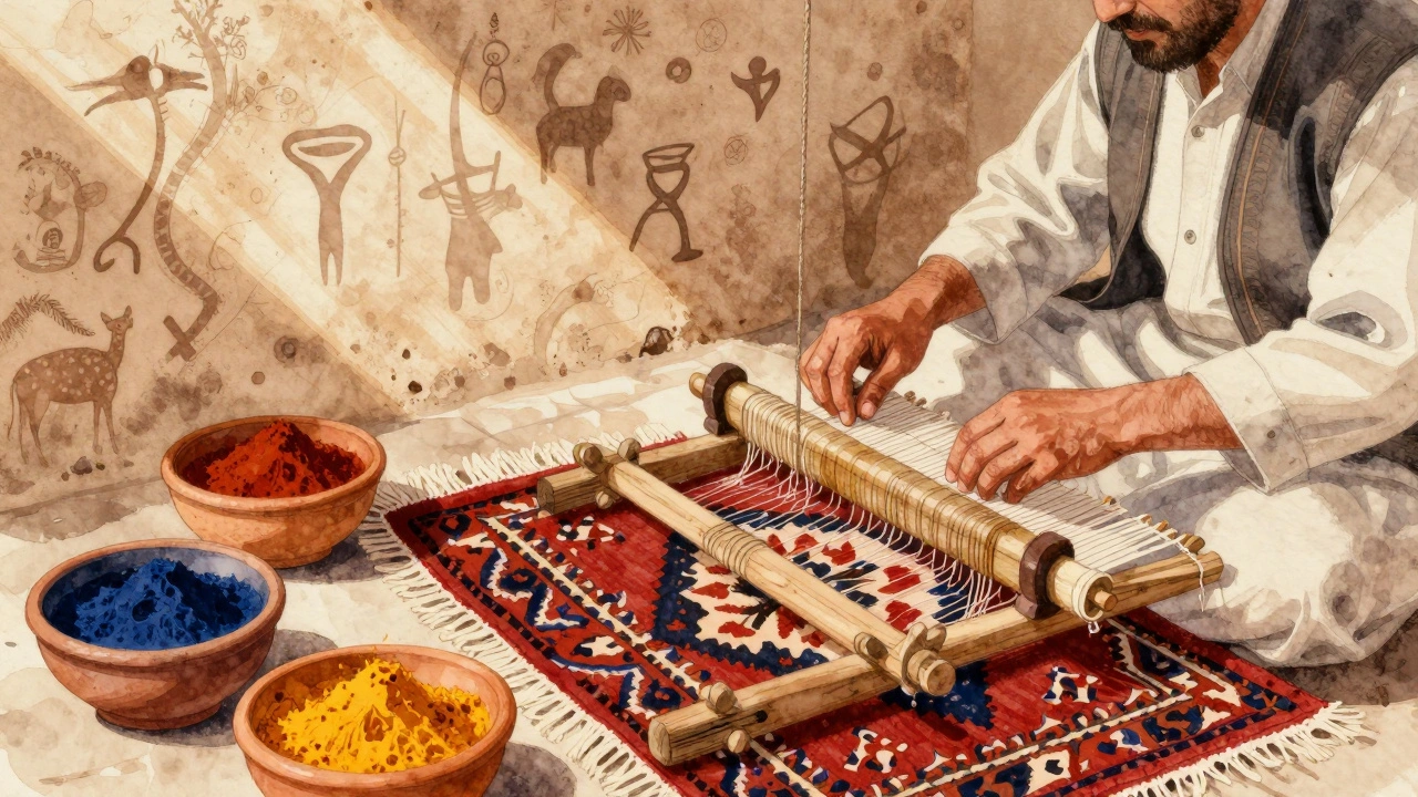 Artisan tissant un tapis marocain à la main, entouré de teintures naturelles et de lumière douce.