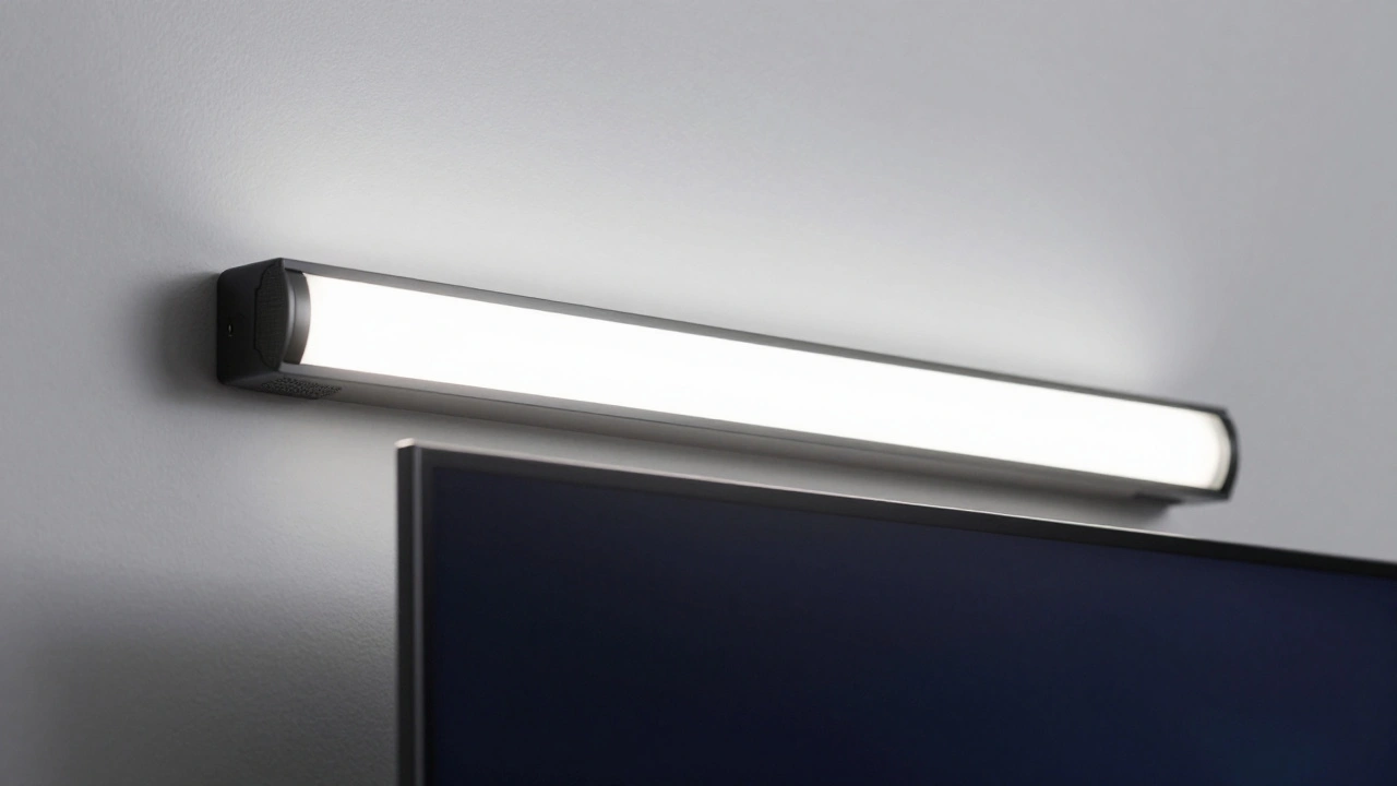 Bandes LED diffusées à 10 cm derrière un téléviseur, lumière uniforme sans points noirs, câbles cachés.