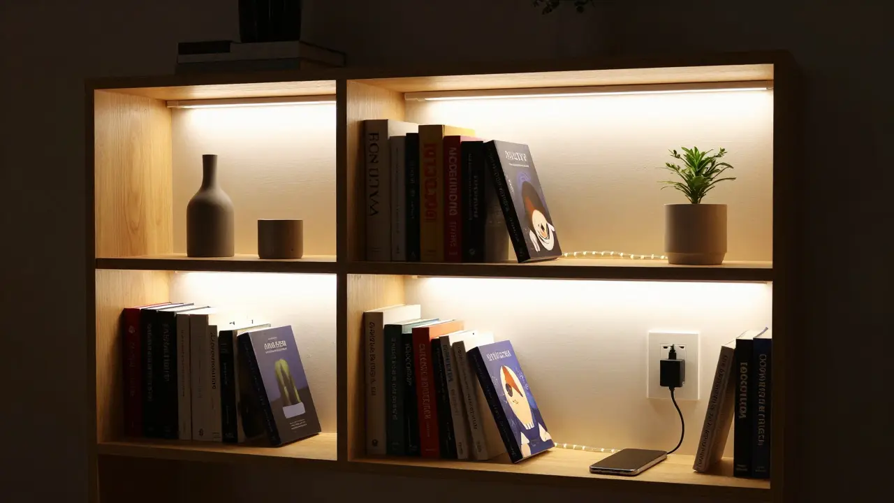Bandes LED sous des étagères en bois, éclairant doucement livres et objets décoratifs.