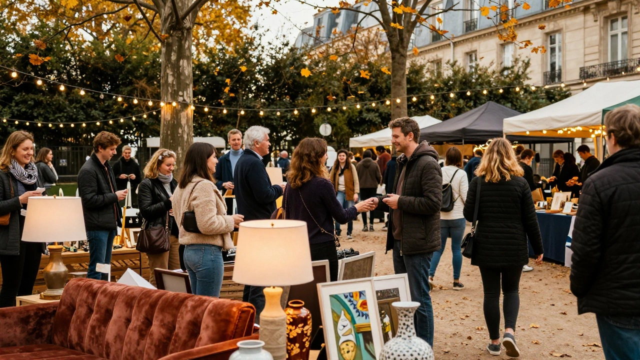 Bazar de quartier à Paris avec des gens qui échangent des meubles et objets de décoration.