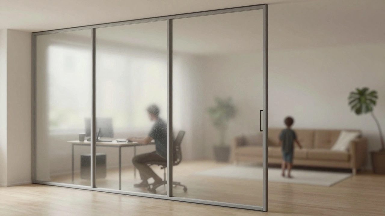 Bureau et salon séparés par une verrière dépolie, lumière douce et silhouettes floues dans l&#039;arrière-plan.