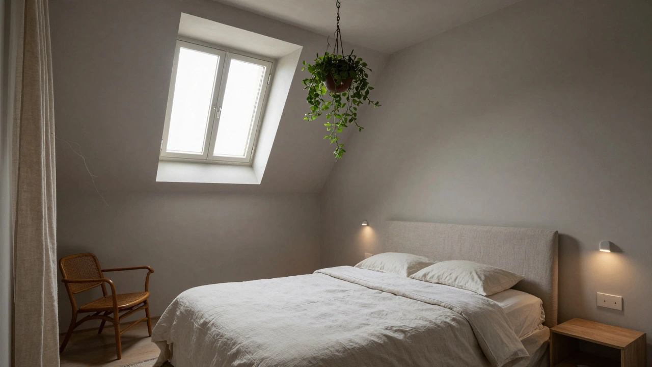 Chambre petite mais spacieuse avec lit minimaliste, fauteuil vintage en teck et plante suspendue, lumière douce et murs gris-beige.