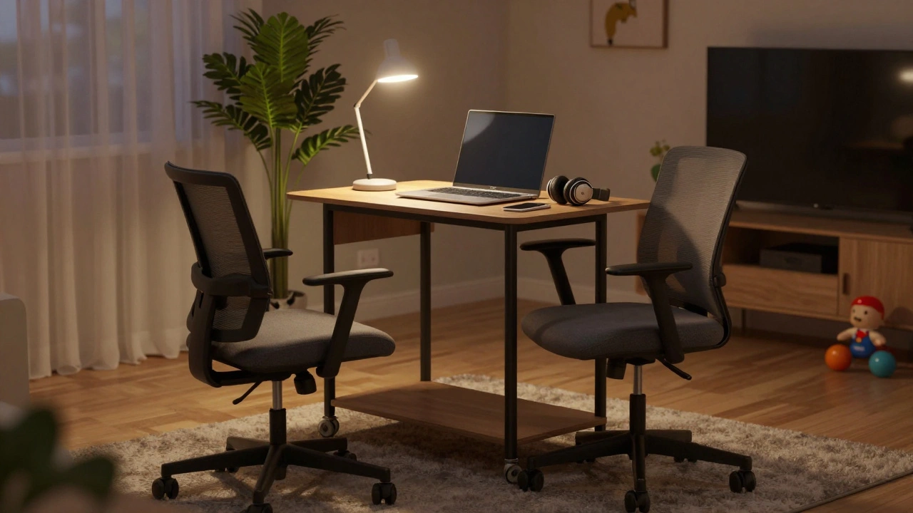 Chariot mobile de télétravail dans un studio, avec ordinateur, lampe et écouteurs, adapté aux petits espaces.