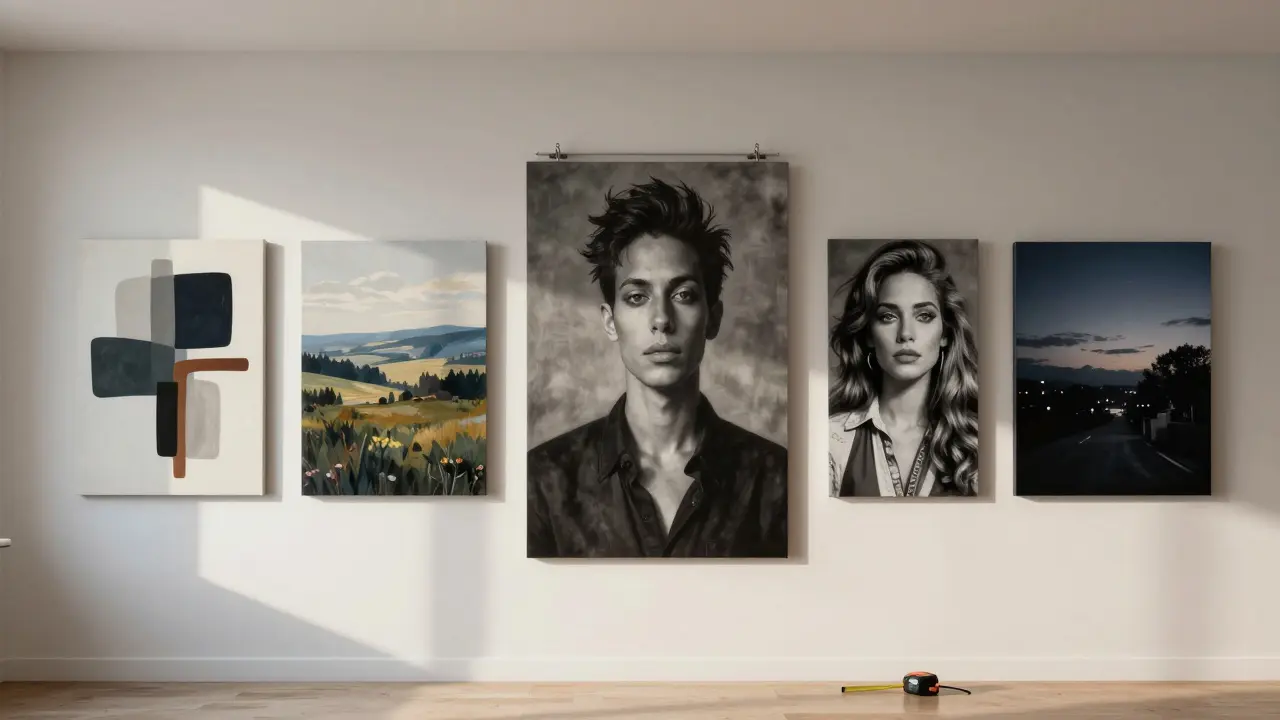 Cinq formats d’art mural différents côte à côte, éclairés à différentes heures, montrant l’impact visuel sur l’espace.