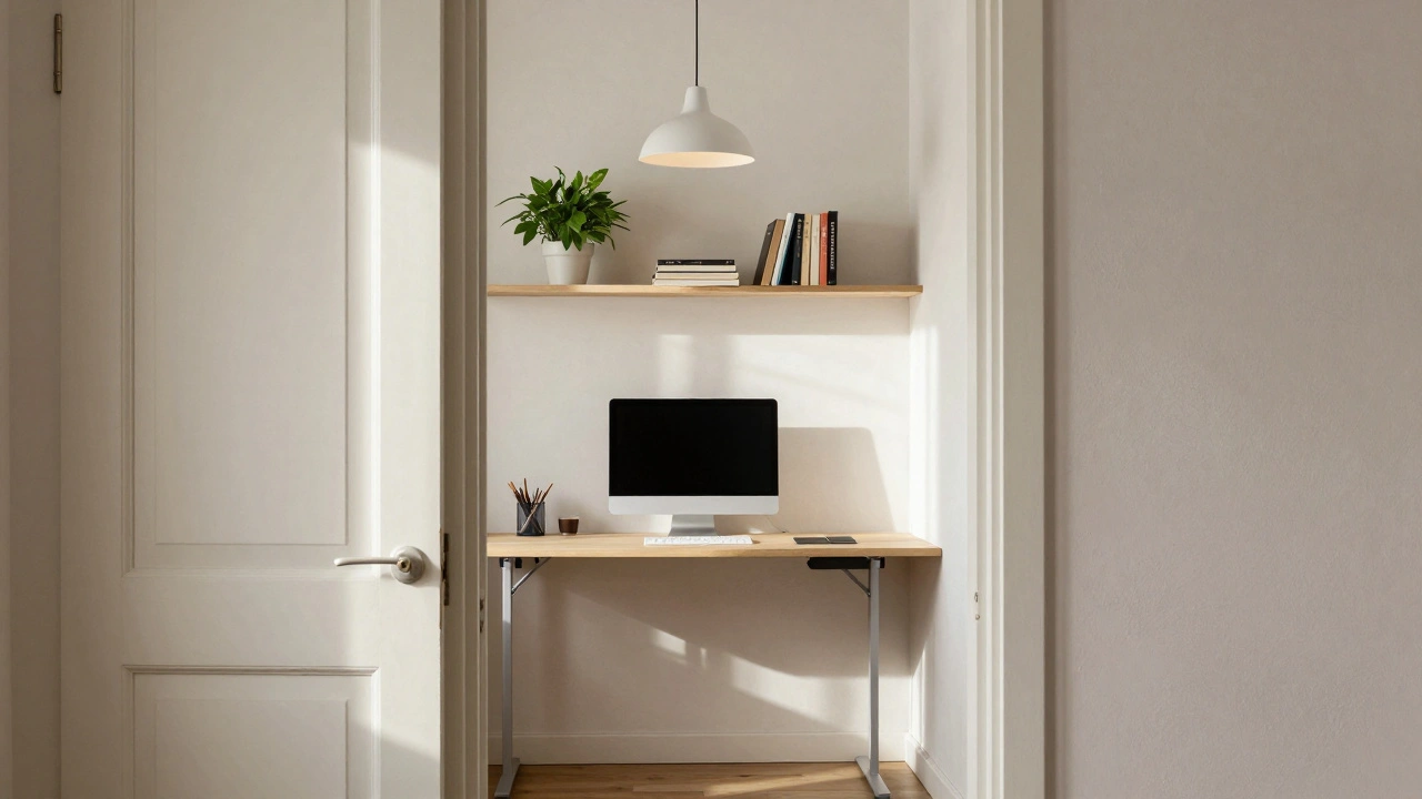 Coin bureau discret dans une niche profonde derrière une porte, avec bureau pliant et étagères.