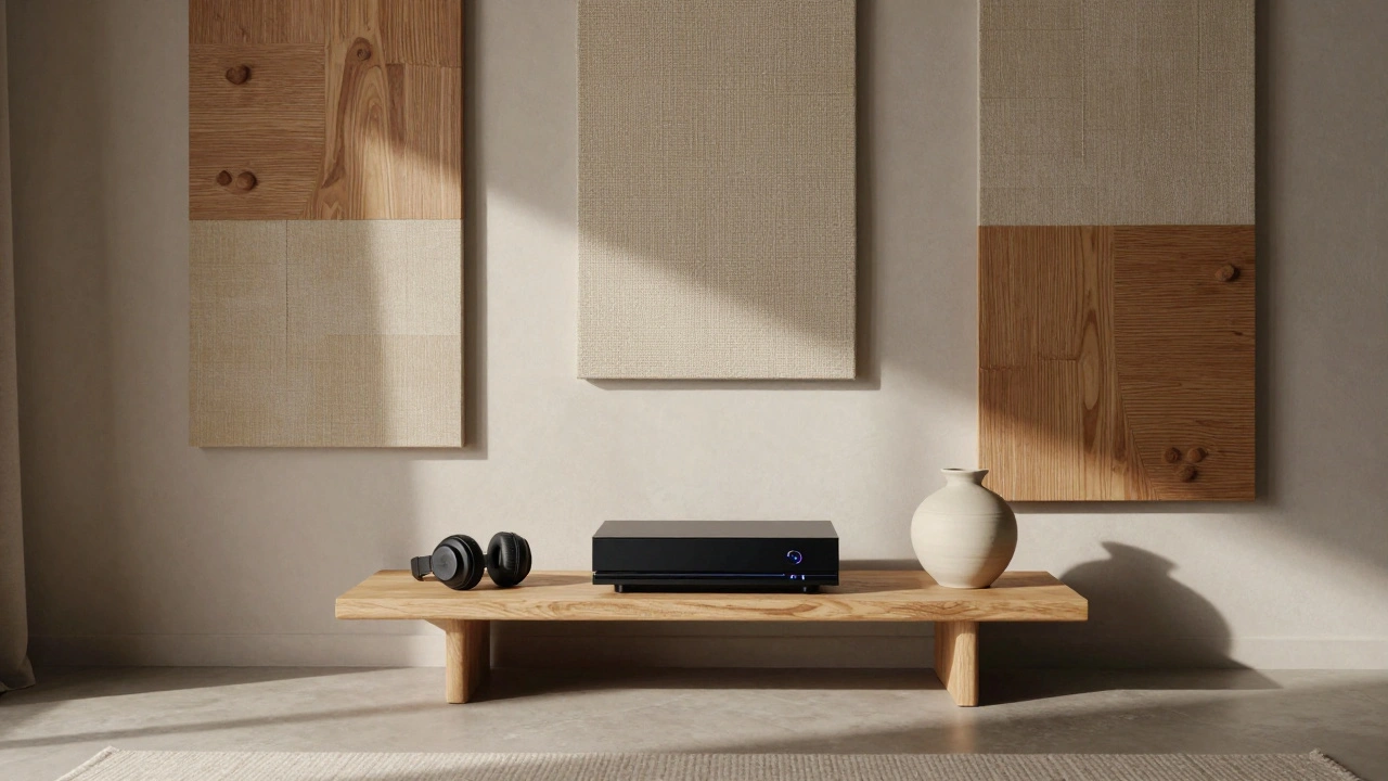 Coin gaming épuré avec panneaux acoustiques décoratifs, écouteurs et vase, pas de néon ni désordre.