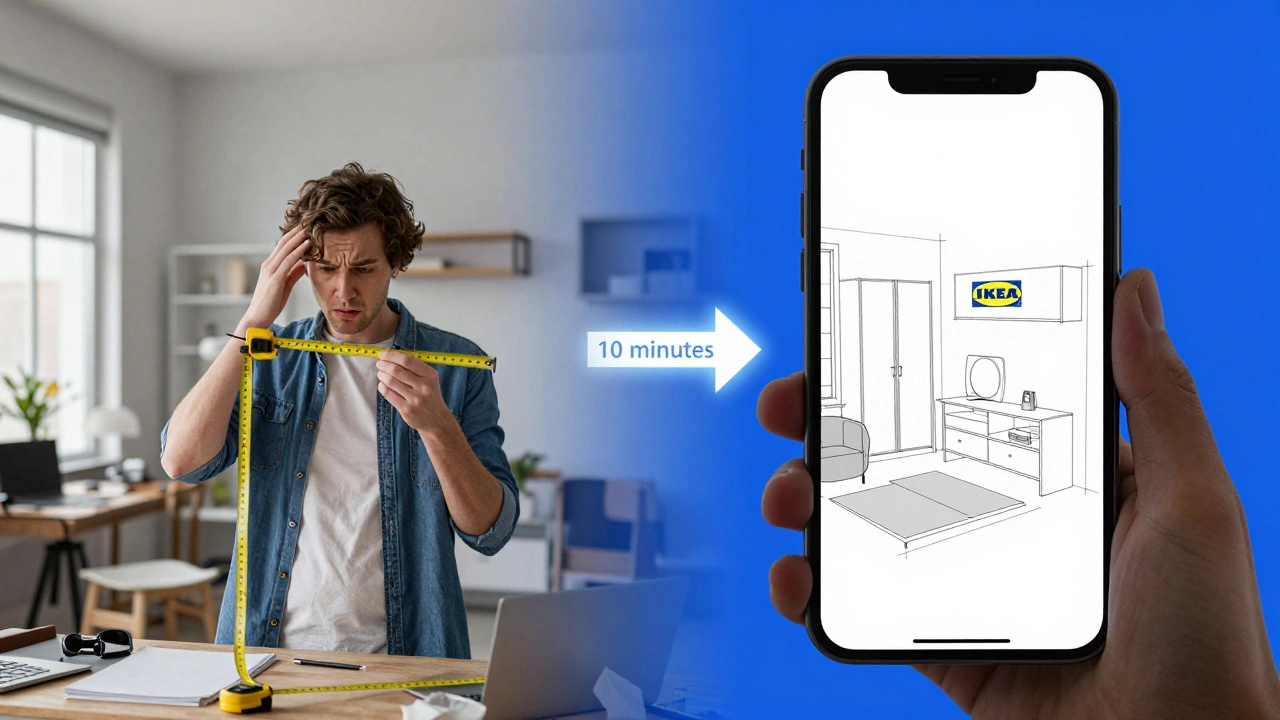 Comparaison entre mesure manuelle frustrante et plan numérique précis généré par smartphone.