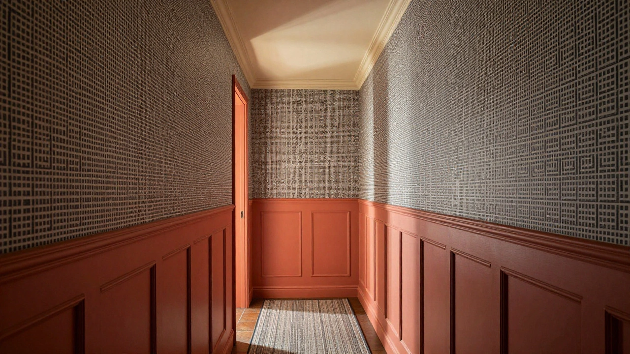 Couloir étroit avec un bas de mur en terre cuite et un haut en papier peint géométrique noir et blanc.