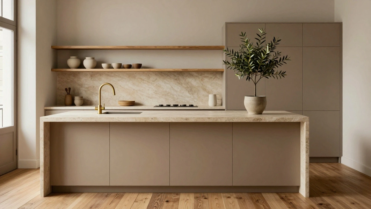 Cuisine contemporaine avec plan de travail en pierre naturelle, étagères en bois et robinet en laiton mat, ambiance chaleureuse et épurée.