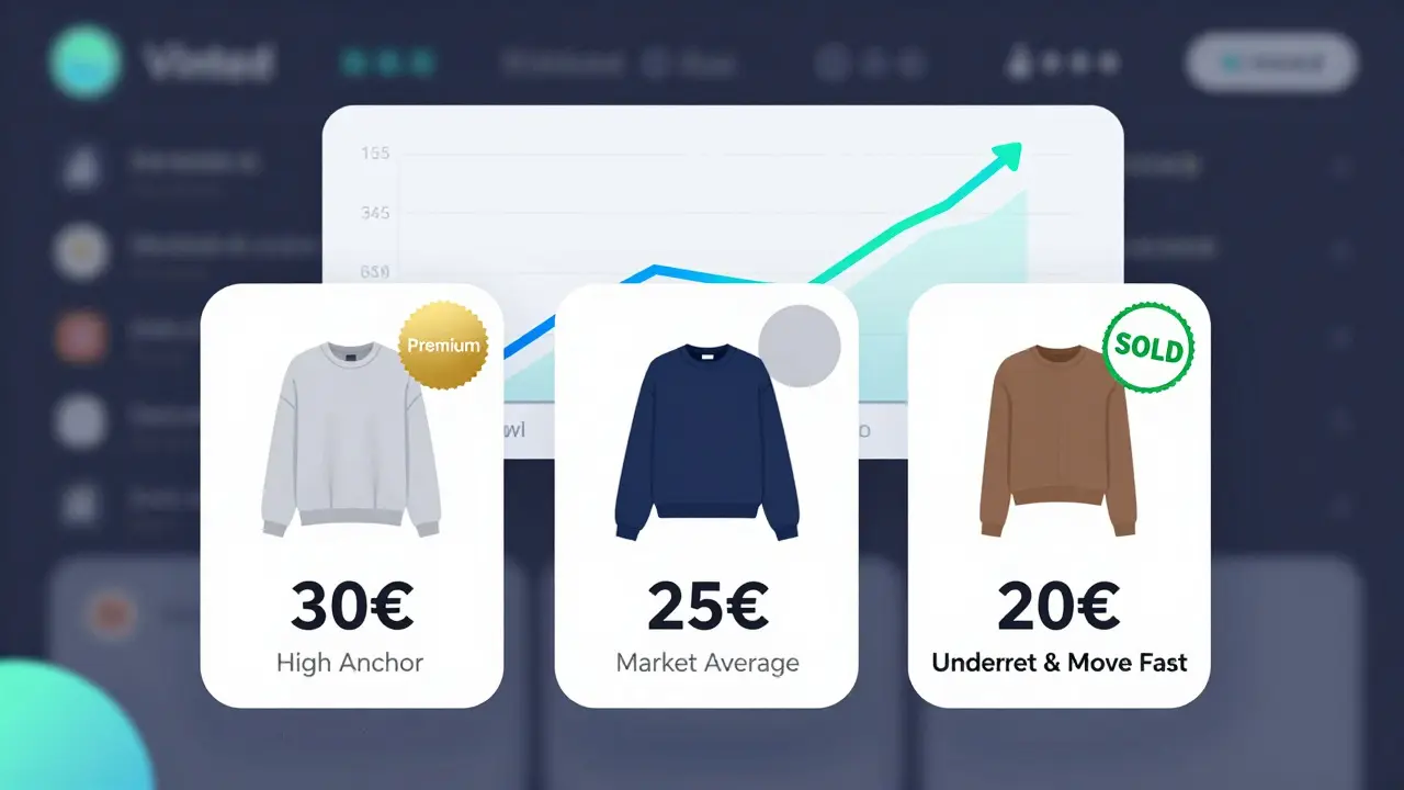 Écrans de téléphone affichant trois stratégies de prix pour des vêtements : haut, moyen et bas.