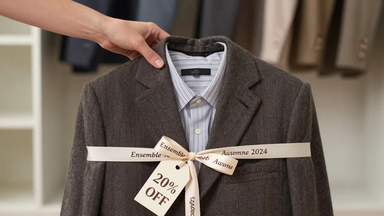 Ensemble de vêtements regroupés avec une étiquette de réduction, prêts à être vendus en lot.