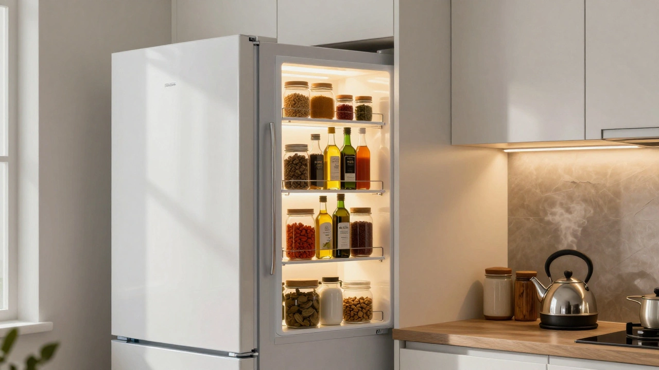 Étagères verticales dans un renfoncement de cuisine pour ranger épices et bouteilles.