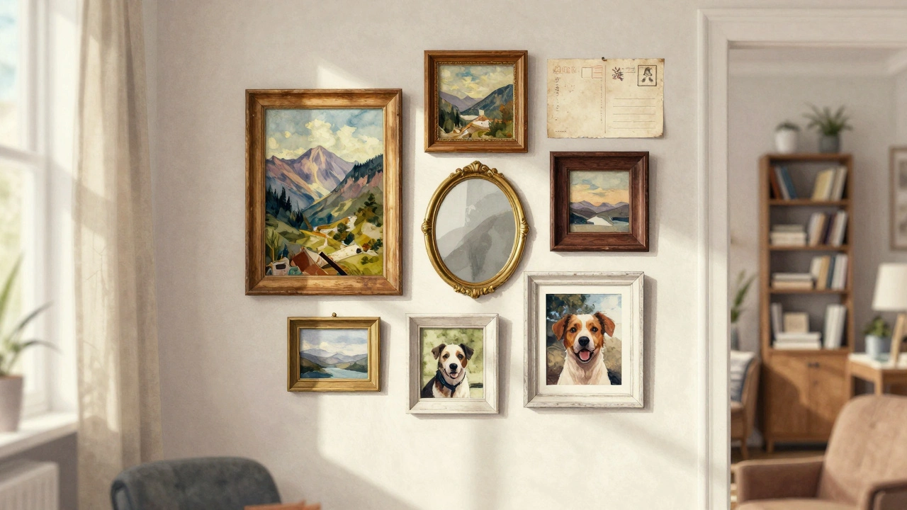 Illustration aquarellée d&#039;une galerie murale asymétrique avec peinture, miroir, carte postale et photo de chien, cadre mixte, lumière naturelle.