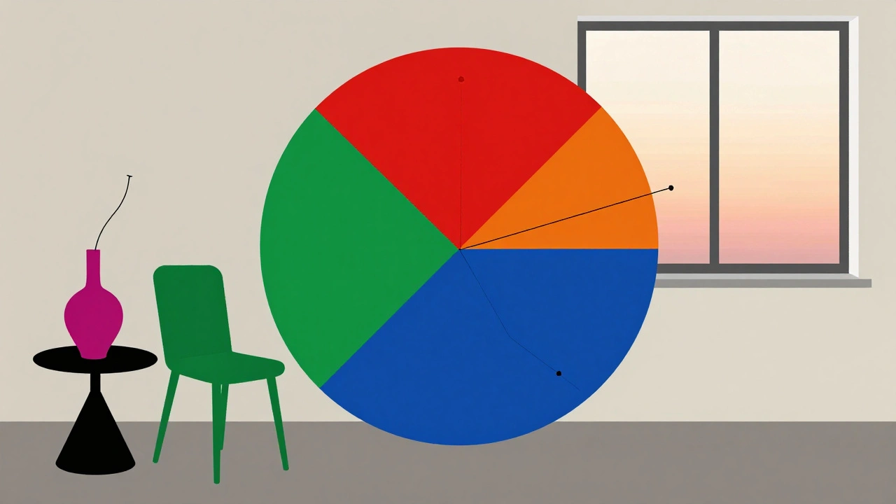 Illustration Bauhaus d&#039;une pièce minimaliste avec paires de couleurs complémentaires en géométrie pure.