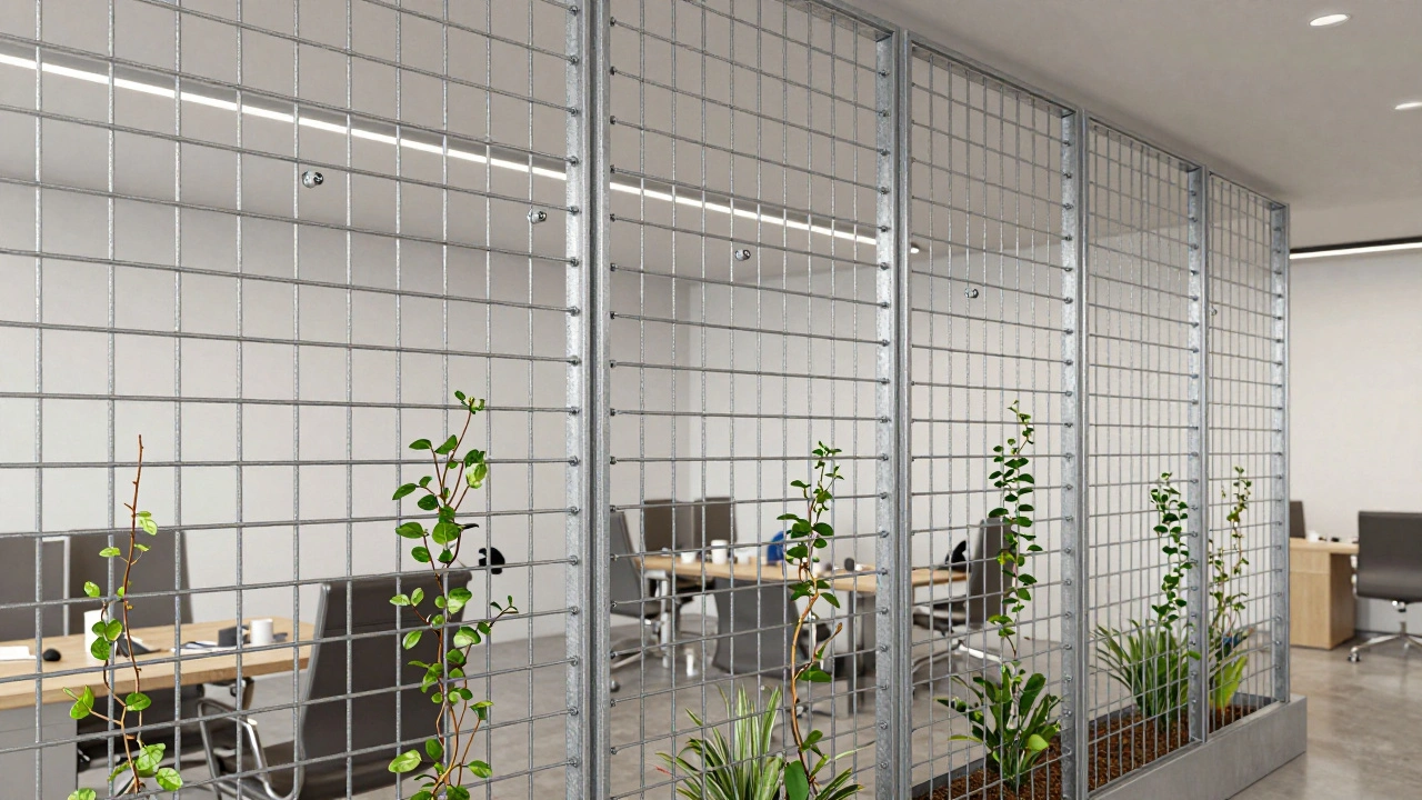 Installation professionnelle d&#039;un lattis métallique avec fixations précises et plantes grimpantes.