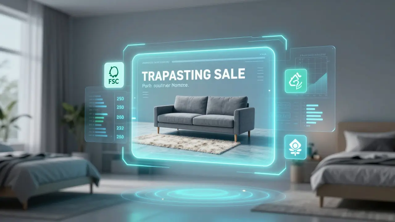 Interface IA personnalisée proposant des promotions écologiques de canapé et tapis, avec des certifications flottantes en arrière-plan.