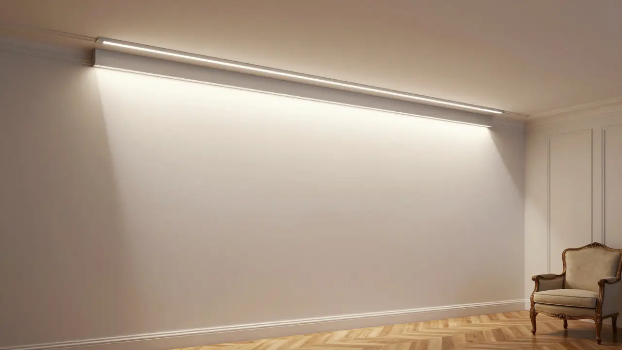 Ligne de lumière continue dans une corniche de plafond, éclairant les murs sans ombres.