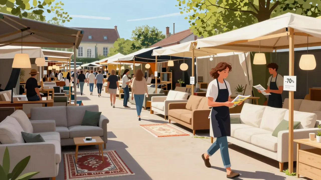 Marché de meubles en extérieur à Mérignac avec clients examinant des canapés et tapis à -70 % sous un ciel ensoleillé.