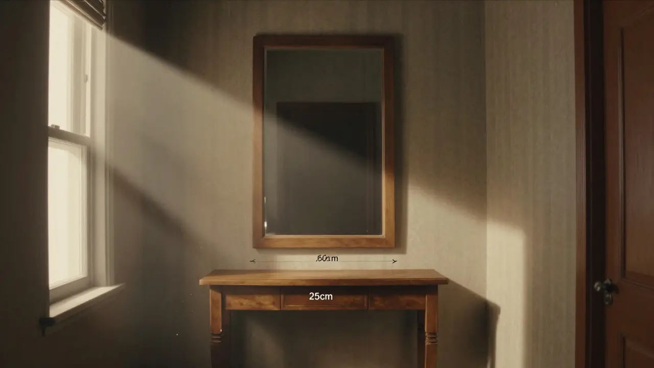 Miroir positionné à 1,60 m de hauteur au-dessus d'une commode, redirigeant la lumière naturelle en cascade dans un couloir.