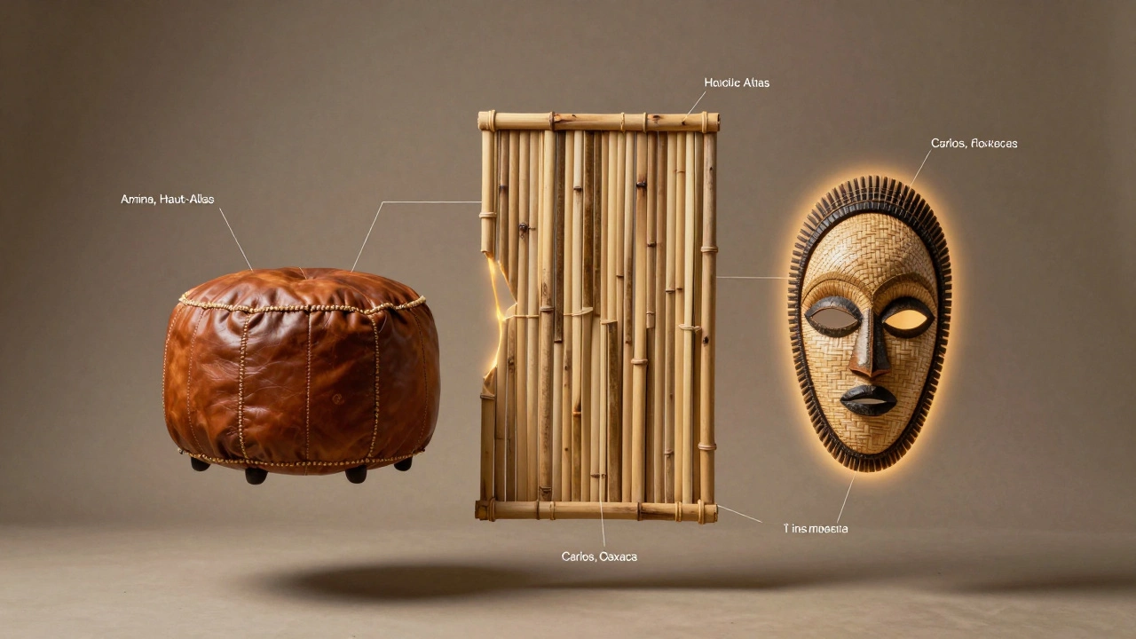 Objets décoratifs ethniques flottant dans l’air, entourés d’auras légères, symboles d’origine et d’éthique.