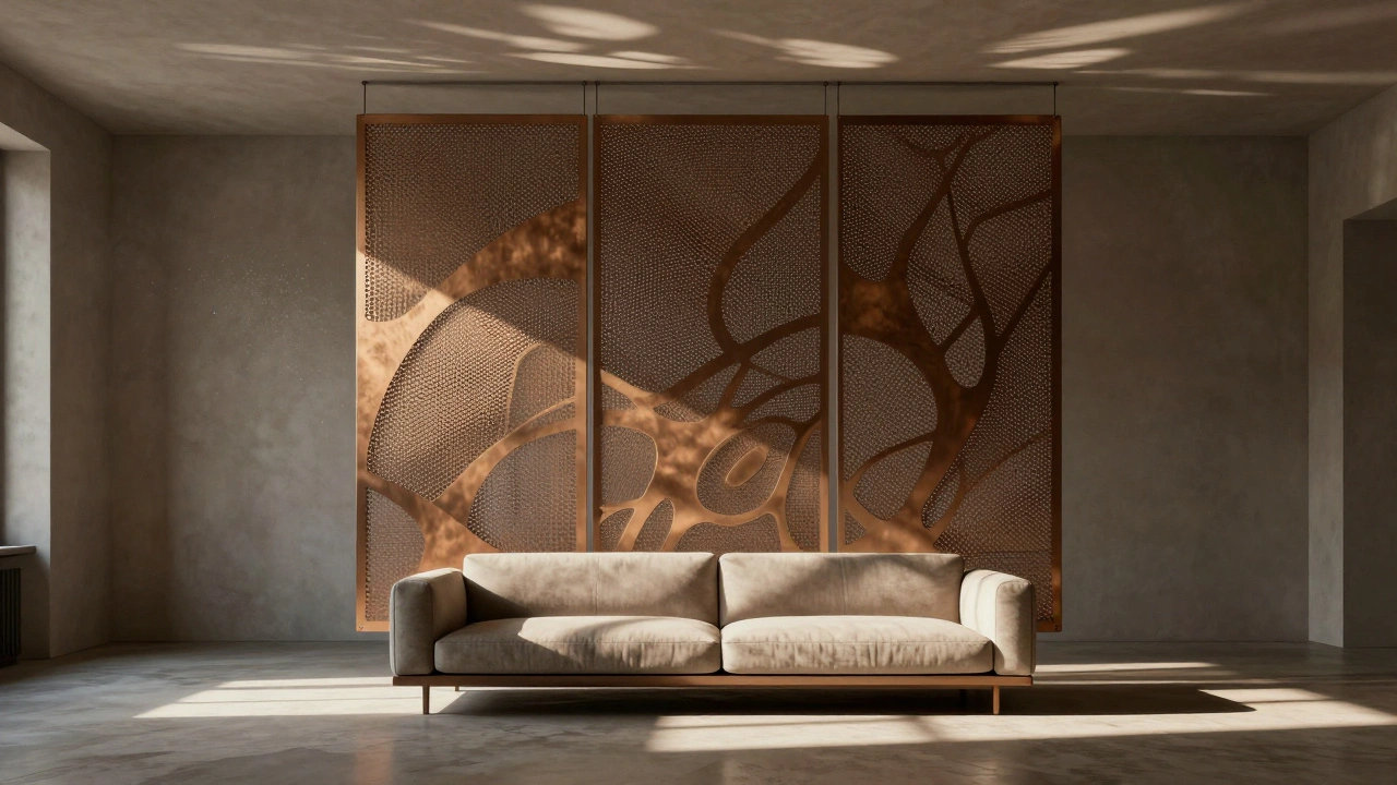 Panneau perforé en métal suspendu derrière un canapé, créant des motifs d&#039;ombre fluides.