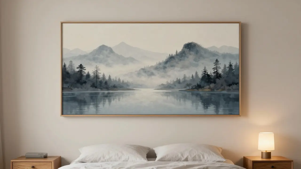 Paysage apaisant au-dessus d’un lit, en tons doux, favorisant le calme et réduisant le stress dans une chambre.