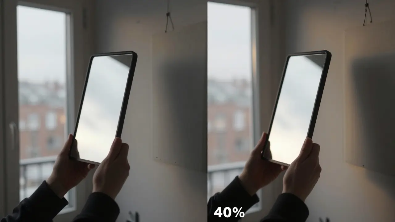 Personne ajustant un miroir devant une fenêtre nord pour optimiser la lumière diffuse en hiver, avec un miroir fumé en arrière-plan.