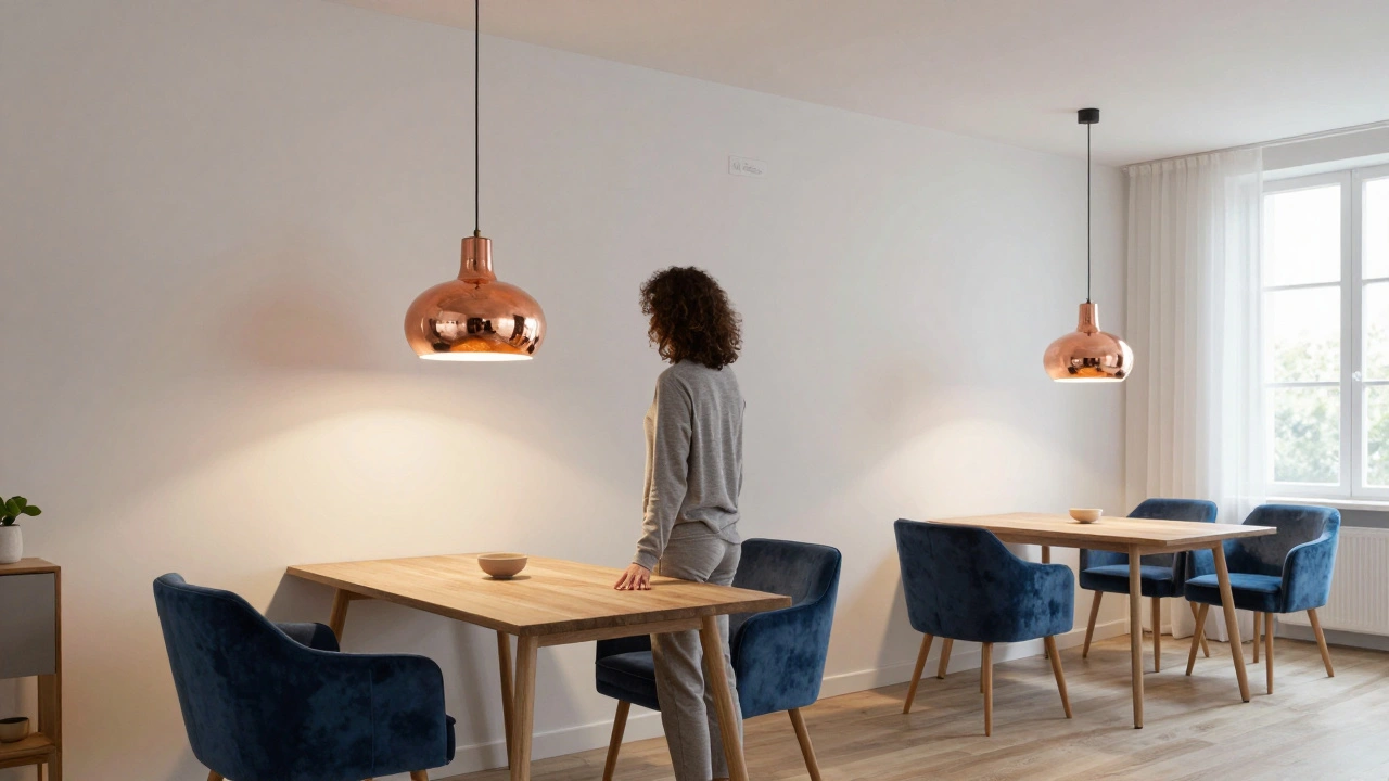 Personne regardant une lampe virtuelle flottant au-dessus d&#039;une table réelle via une interface AR.