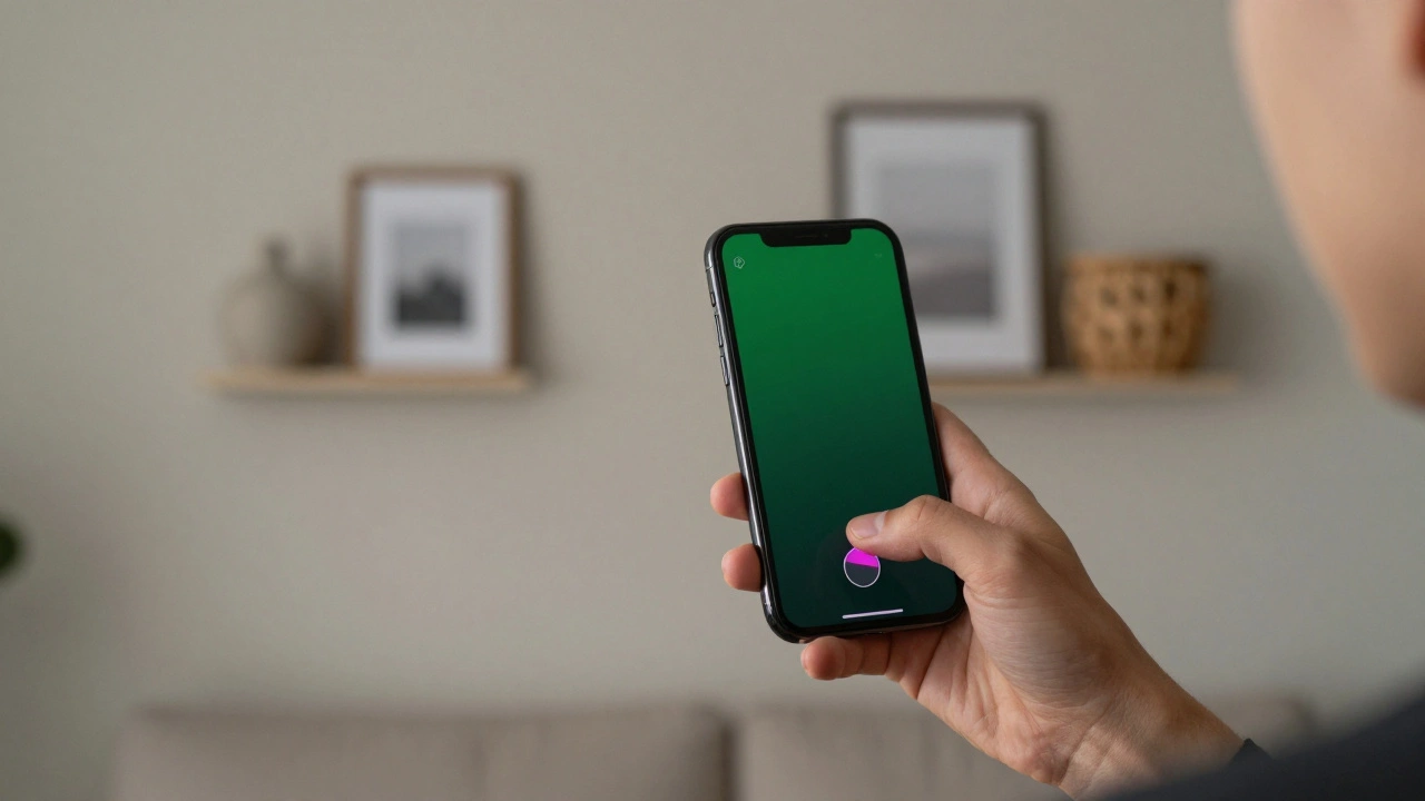 Personne utilisant une app AR pour visualiser des couleurs complémentaires sur un mur neutre.