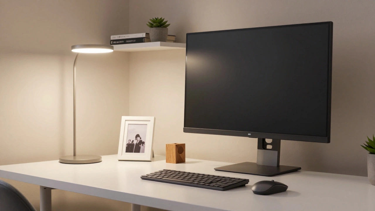 Poste de travail ergonomique avec lampe LED, écran à hauteur des yeux et accents neutres, sans distraction visuelle.