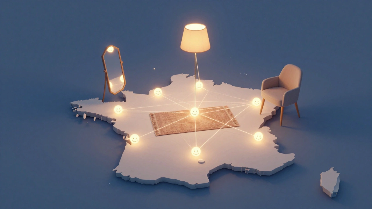 Réseau connecté d&#039;objets de décoration flottant sur une carte de France.