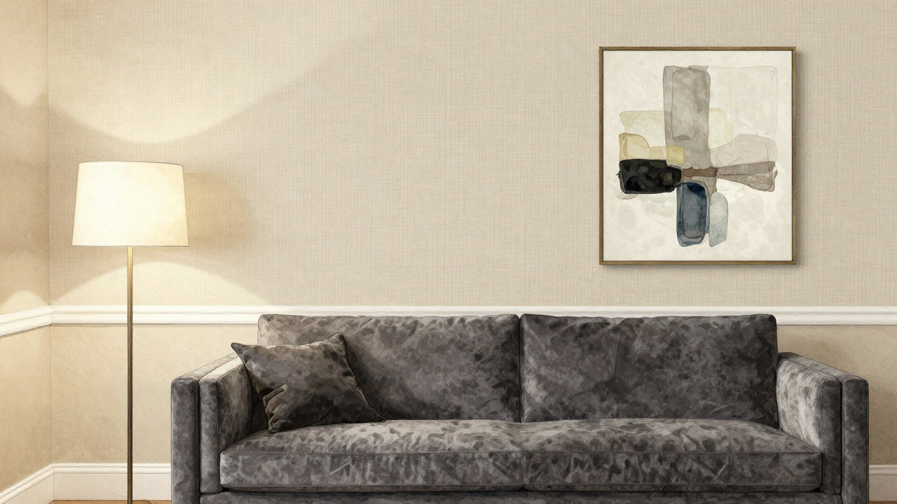 Salon avec une division verticale de peinture beige et de papier peint texture lin, éclairé doucement.