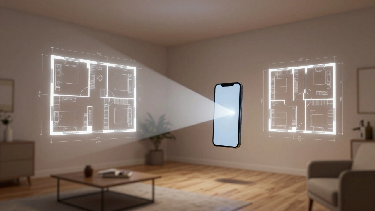 Smartphone projette un plan 3D en lumière bleue au-dessus d&#039;un salon français moderne.