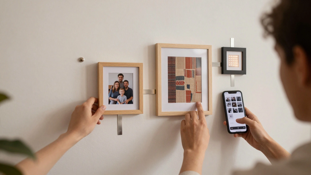 Système magnétique pour galerie murale en cours d&#039;ajustement, cadres légers sur mur blanc sans trous, éclairage chaleureux, smartphone affichant un gabarit.