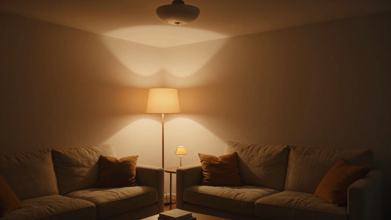 Trois couches de lumière chaleureuse dans un salon : plafonnier doux, lampe de sol et lampe de table.