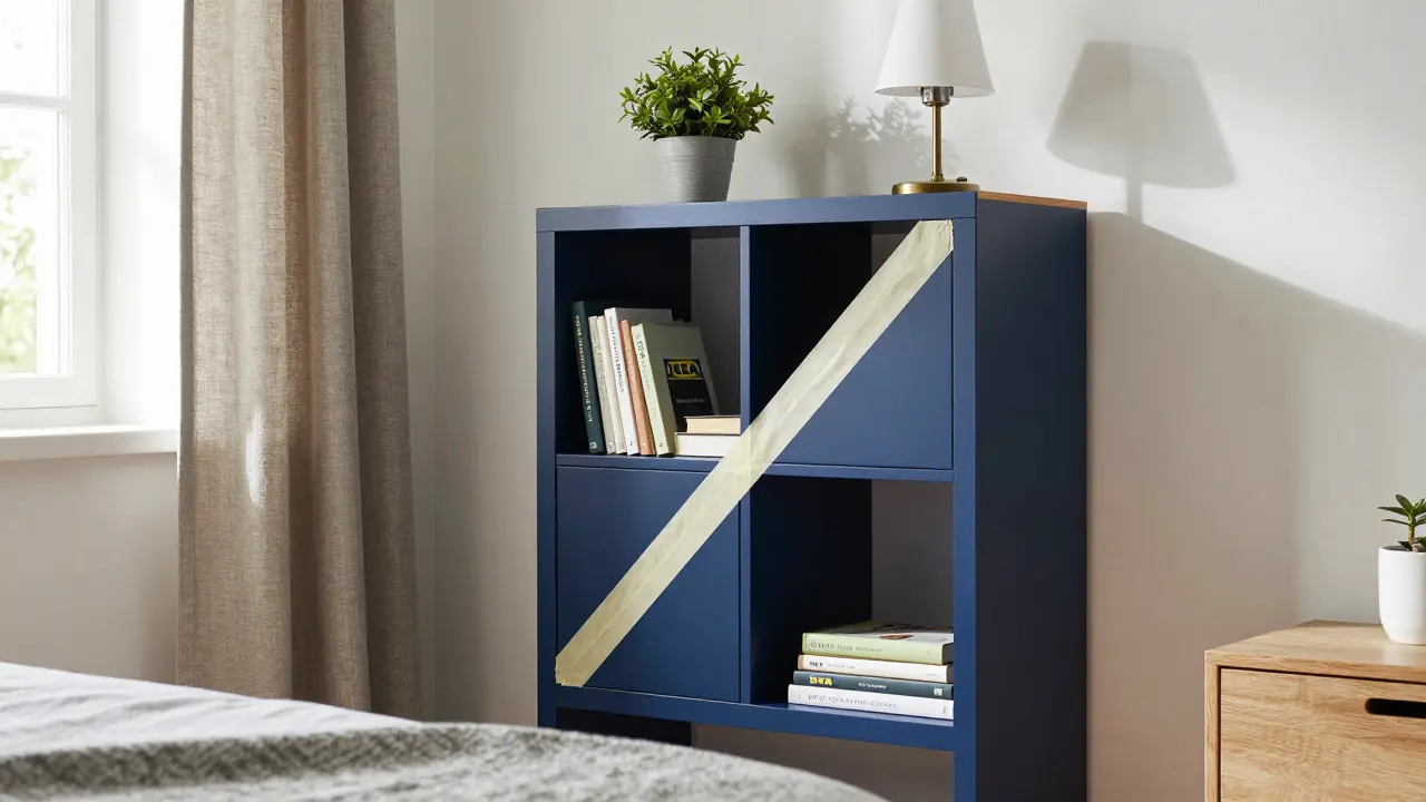 Une bibliothèque IKEA Billy repeinte en bleu marine avec des baguettes de bois et une lumière naturelle.