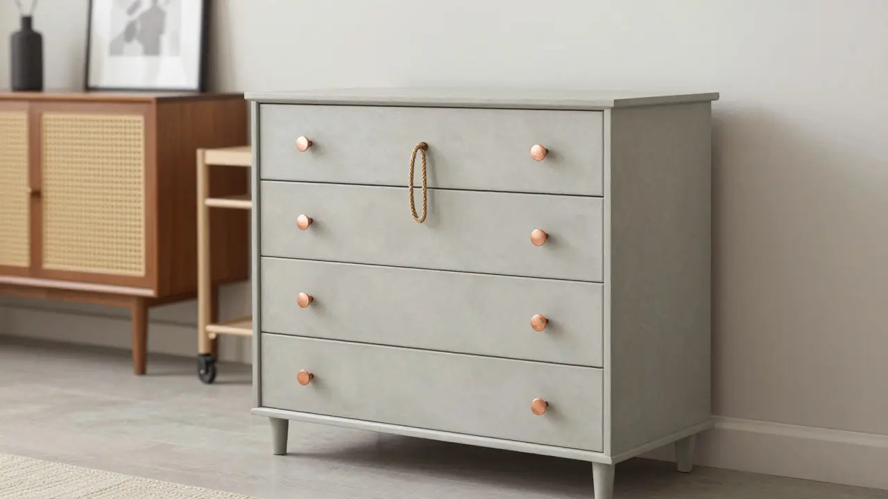 Une commode IKEA Malm avec finition ciment et poignées en cuivre, dans un intérieur urbain moderne.