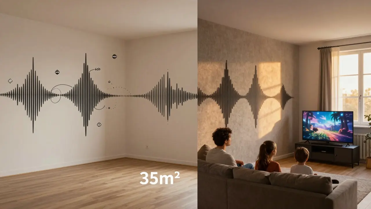 Avant-après d'une pièce : bruit intense à gauche, ambiance calme et feutrée à droite grâce au tissu tendu.