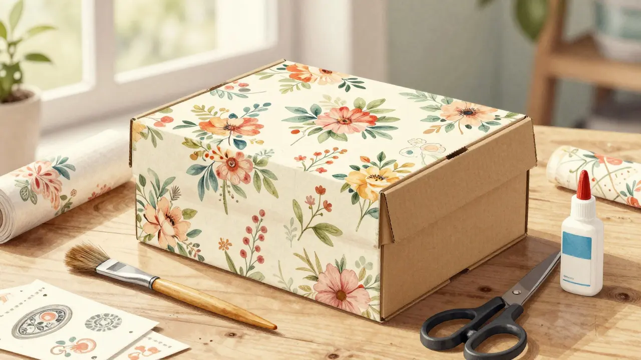 Boîte en carton personnalisée avec du papier peint vintage, entourée de pinceaux et de tissus dans un atelier artisanal.