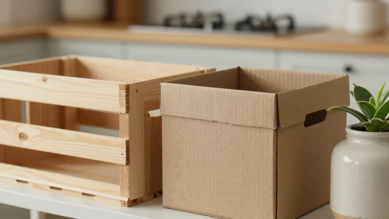 Boîtes de rangement écologiques en matériaux recyclés, posées près d'une plante, mettant en valeur les textures naturelles.