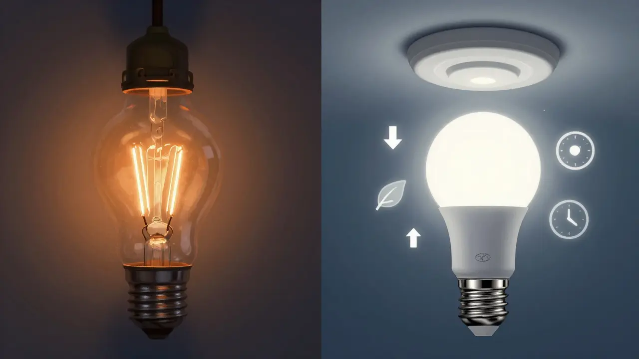 Comparaison artistique entre une ampoule incandescente surchauffée et une LED moderne, entourée de symboles d'économie d'énergie.