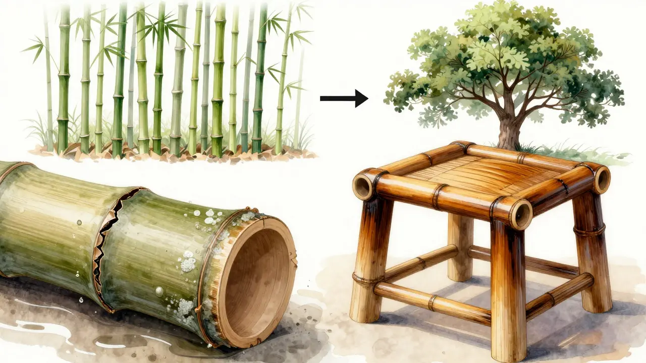 Comparaison entre bambou dégradé et bambou traité, avec motifs naturels et teintes chaudes.