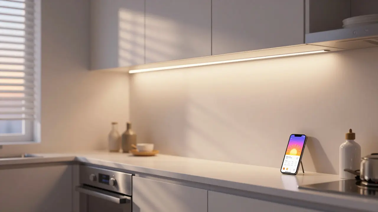 Cuisine française au lever du jour, avec des LED intelligentes qui s'illuminent progressivement et un smartphone affichant une application de contrôle.