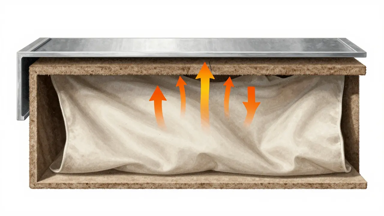 Découpe technique montrant les couches d'un revêtement textile mural : air piégé, feutre acoustique et tissu tendu.