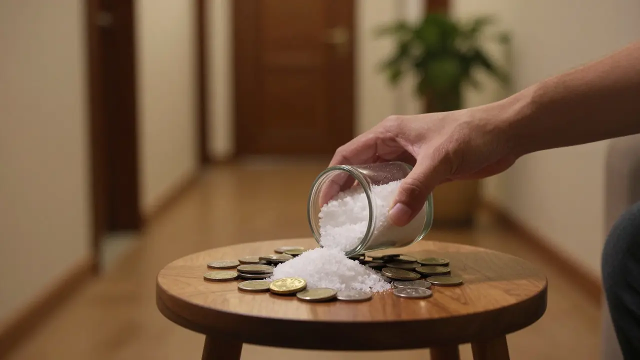 Des mains posant un récipient de sel et des pièces sur une table basse dans un couloir paisible.