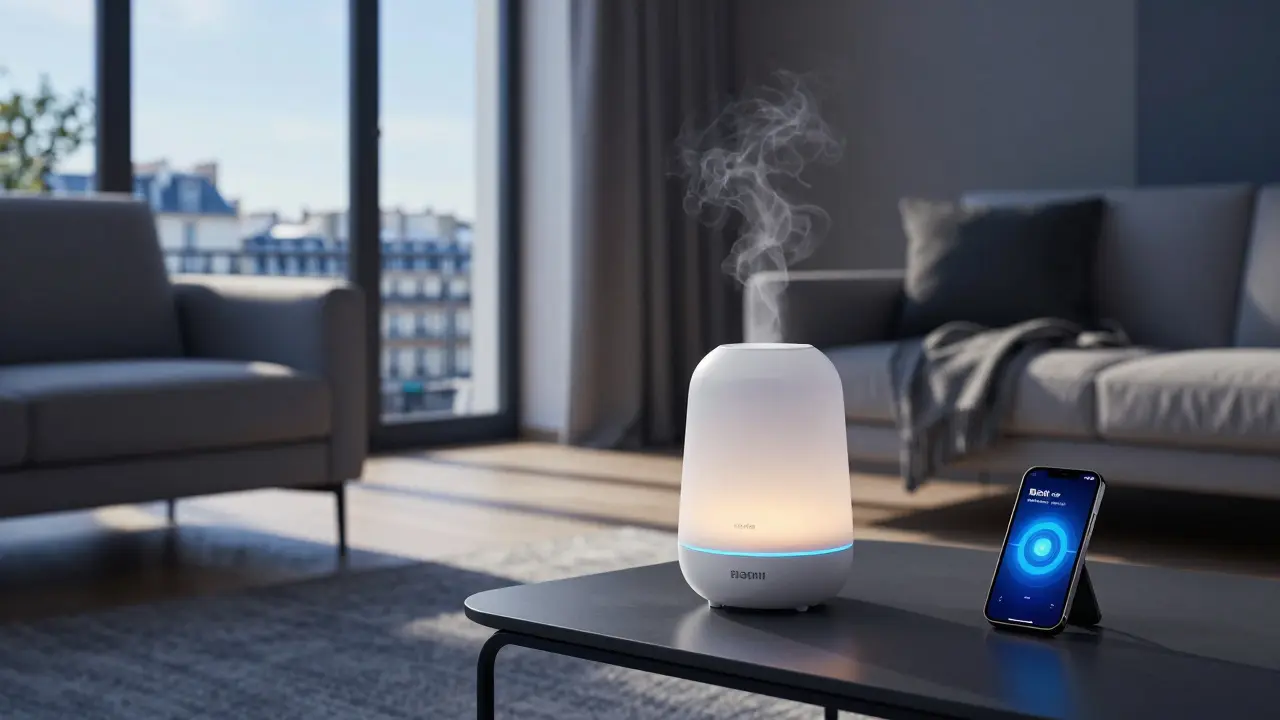 Diffuseur ultrasonique connecté émettant une brume subtile dans un salon moderne.
